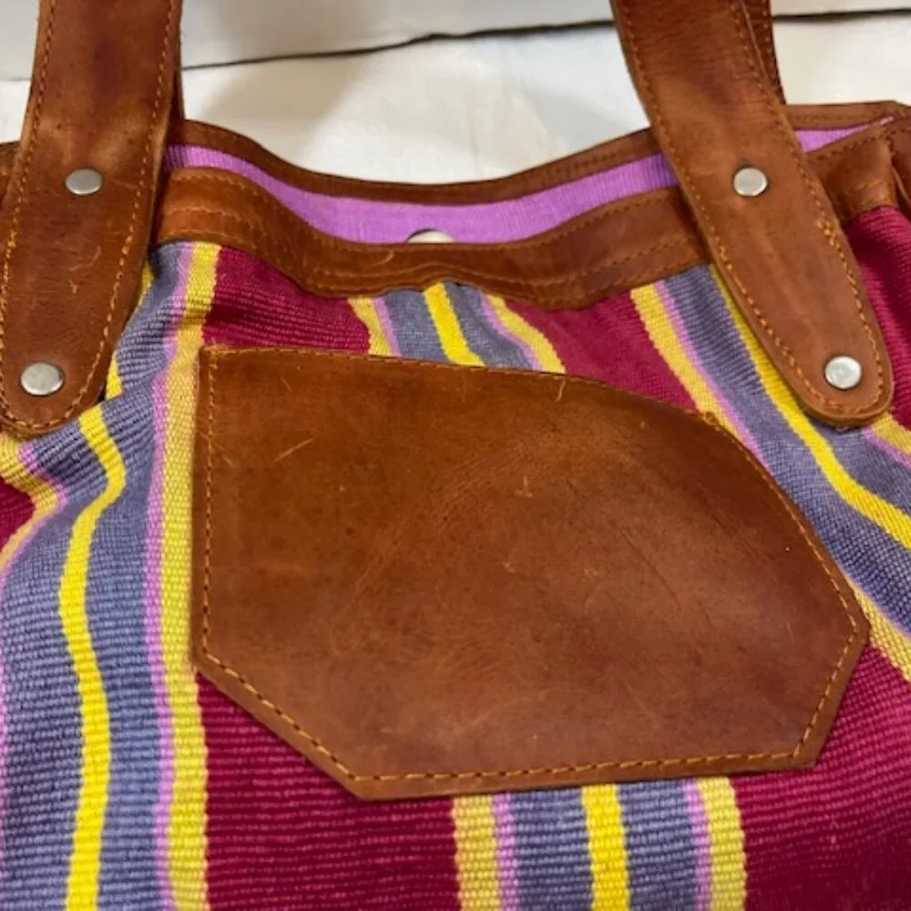 VTG Brown Leather & Striped Tapestry Handbag Snap Closure 11